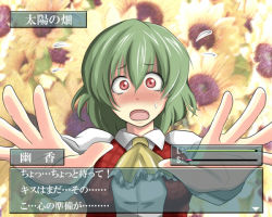 Rule 34 | 1girl, ao usagi, ascot, blush, collared shirt, fake screenshot, female focus, flustered, flying sweatdrops, green hair, kazami yuuka, looking at viewer, open mouth, outstretched arms, plaid, plaid vest, red eyes, shirt, short hair, solo, sweatdrop, touhou, translation request, upper body, vest, visual novel