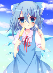 Rule 34 | 1girl, :q, ai 1003, blue dress, blue eyes, blue hair, blue sky, blush, bow, cirno, cloud, day, dress, food, hair bow, highres, light particles, looking at viewer, matching hair/eyes, popsicle, puffy short sleeves, puffy sleeves, ribbon, short hair, short sleeves, sky, solo, tongue, tongue out, touhou, wings