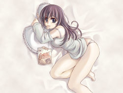 Rule 34 | 1girl, barefoot, bed, breasts, camisole, chips (food), detached sleeves, english text, feet, food, g-string, get, highres, japanese text, large breasts, lying, matching hair/eyes, mil (xration), mouth hold, hugging object, on side, panties, pillow, pillow hug, potato chips, purple eyes, purple hair, smile, solo, string, tareme, thong, toenails, toes, translation request, underwear, wallpaper