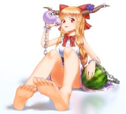 Rule 34 | 1girl, artist request, barefoot, bottle, chain, drinking, fang, feet, full body, hair bow, horns, ibuki suika, looking at viewer, no shoes, red bow, red eyes, shadow, simple background, sitting, skirt, soles, solo, source request, toes, touhou, watermelon, white background