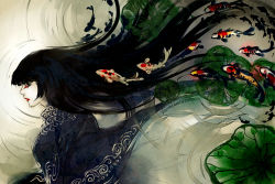 Rule 34 | 1girl, black hair, blunt bangs, closed eyes, closed mouth, commentary, deviantart username, fish, from side, japanese clothes, kimono, koi, lipstick, long hair, makeup, original, pale skin, pond, profile, red lips, solo, yuumei