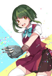 Rule 34 | 1girl, adapted costume, blouse, blue bow, blue bowtie, bob cut, bow, bowtie, braid, brown eyes, fingerless gloves, gloves, green hair, highres, hiroi09, kantai collection, looking at viewer, multicolored background, open mouth, pleated skirt, purple skirt, round teeth, shirt, short hair, short hair with long locks, short sleeves, sidelocks, skirt, solo, takanami (kancolle), takanami kai ni (kancolle), teeth, thighhighs, upper teeth only, vest, white shirt, white thighhighs