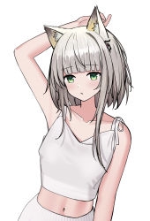 Rule 34 | 1girl, absurdres, animal ear fluff, animal ears, arknights, bad id, bad pixiv id, cat ears, cat girl, collarbone, commentary request, green eyes, green hair, hair ornament, hairclip, highres, kal&#039;tsit (arknights), long hair, nagisa (cxcx5235), navel, simple background, white background