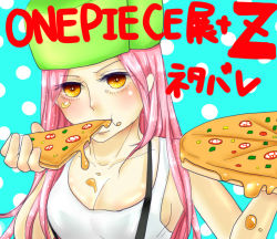 Rule 34 | 1girl, breasts, cleavage, copyright name, eating, food, hat, jewelry bonney, large breasts, luneisweenysweet, one piece, piercing, pink hair, pizza, sabaody archipelago, solo, suspenders, yellow eyes