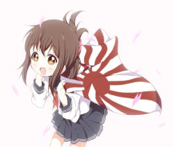 Rule 34 | 10s, 1girl, :d, backlighting, brown eyes, brown hair, flag, folded ponytail, inazuma (kancolle), kantai collection, looking at viewer, open mouth, petals, rising sun flag, smile, solo, sunburst, toma (shinozaki), white background