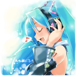 Rule 34 | 1girl, aqua hair, detached sleeves, closed eyes, hatsune miku, headphones, music, open mouth, profile, singing, solo, twintails, vocaloid