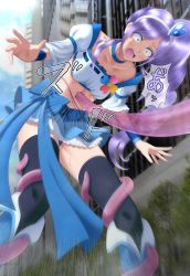 Rule 34 | 1girl, aono miki, bandeau, black thighhighs, blue choker, blue panties, blue skirt, blue sky, boots, breasts, building, choker, city, cloud, cloudy sky, collarbone, cure berry, damaged, day, fresh precure!, hair ornament, hairband, heart, heart hair ornament, highres, hyu-ryona, navel, panties, precure, punching, purple hair, restrained, ryona, saliva, short sleeves, skirt, sky, small breasts, solo, stomach punch, tentacles, thighhighs, underwear