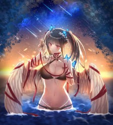 Rule 34 | 1girl, absurdres, arm up, bikini, black bikini, black hair, breasts, bug, butterfly, butterfly hair ornament, choker, cleavage, closed mouth, collarbone, hair ornament, hair ribbon, hand up, highres, holding, in water, infinity (kkx132), insect, large breasts, long hair, looking at viewer, meteor, navel, ocean, original, red choker, red eyes, red ribbon, ribbon, shooting star, smile, solo, standing, star (symbol), stomach, sunset, swimsuit, twintails, wading, water, wings