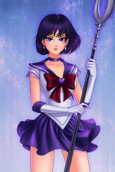 Rule 34 | 1girl, bishoujo senshi sailor moon, brittany fuerst, brooch, choker, circlet, earrings, gloves, heart, heart brooch, holding, holding polearm, holding spear, holding weapon, jewelry, makeup, miniskirt, polearm, purple eyes, sailor collar, sailor saturn, short hair, silence glaive, skirt, solo, spear, staff, tomoe hotaru, weapon, white gloves