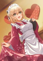 Rule 34 | 1girl, alternate costume, apron, black bow, blonde hair, bow, breasts, commentary request, fate/grand order, fate (series), frilled apron, frills, hair bow, half updo, heart, highres, japanese clothes, kimono, maid, maid apron, maid day, maid headdress, matsuba moco, okita souji (fate), okita souji (koha-ace), red kimono, small breasts, solo, valentine, wa maid, white apron, wide sleeves, yellow eyes