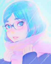 Rule 34 | 1girl, backlighting, black coat, blue background, blue eyes, blue hair, bob cut, bright pupils, close-up, coat, eyelashes, glasses, hands up, highres, ilya kuvshinov, lips, looking at viewer, original, parted lips, pink lips, pink scarf, portrait, scarf, short hair, solo, thick eyebrows