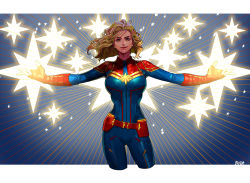Rule 34 | 1girl, belt, blonde hair, breasts, brown eyes, captain marvel, cowboy shot, fingerless gloves, floating hair, gloves, glowing, highres, large breasts, long hair, marvel, okada (hoooojicha), outstretched arms, red gloves, signature, solo