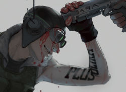 Rule 34 | 1boy, apex legends, arm tattoo, black gloves, black headwear, blood, blood on face, blood on hands, bloodhound (apex legends), daichi midori, fingerless gloves, from side, gloves, goggles, green vest, gun, handgun, holding, holding gun, holding weapon, male focus, octane (apex legends), parted lips, pistol, re-45 auto, smile, solo focus, tattoo, vest, weapon