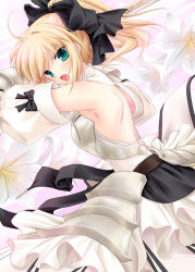 Rule 34 | 1girl, ahoge, armor, armored dress, artoria pendragon (fate), backless outfit, bare back, bare shoulders, blonde hair, bow, detached sleeves, fate/stay night, fate/unlimited codes, fate (series), gauntlets, green eyes, hair bow, hamada mari, ponytail, saber (fate), saber lily, solo