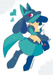 Rule 34 | commentary, creatures (company), full body, game freak, gen 4 pokemon, heart, highres, kotone11152, looking at viewer, lucario, nintendo, open mouth, pokemon, pokemon (creature), red eyes, solo, spikes, tongue, twitter username, yellow fur