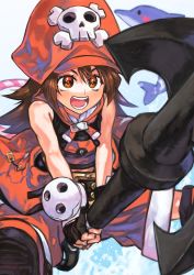 Rule 34 | 1girl, anchor, animal, bare shoulders, black gloves, brown eyes, brown hair, buckle, dolphin, fingerless gloves, gloves, guilty gear, guilty gear xrd, hair between eyes, hat, highres, holding, holding weapon, hoop, long hair, may (guilty gear), open mouth, orange hat, otsudou, skull and crossbones, smile, solo, teeth, water, weapon