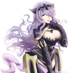 Rule 34 | 1girl, black gloves, breasts, camilla (fire emblem), cleavage, cowboy shot, finger to mouth, fire emblem, fire emblem fates, floating hair, gloves, hair over one eye, haru (nakajou-28), headpiece, large breasts, leotard, long hair, looking at viewer, nintendo, parted bangs, purple hair, red eyes, simple background, sketch, smile, solo, very long hair, wavy hair, white background