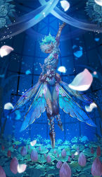 Rule 34 | 1boy, alternate costume, android, arm up, blue fire, blue flower, blue hair, blue rose, blue theme, butterfly wings, commentary request, fiery hair, fire, flower, full body, insect wings, joints, kicori, lily pad, male focus, open mouth, ortho shroud, petals, robot joints, rose, short hair, smile, solo, streamers, teeth, twisted wonderland, upper teeth only, water lily flower, white petals, wings