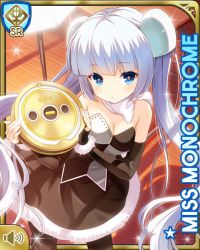 Rule 34 | 1girl, :d, bare shoulders, black dress, black footwear, blue eyes, blunt bangs, card, character name, closed mouth, collerbone, day, dress, film reel, from above, girlfriend (kari), indoors, miss monochrome, miss monochrome (character), official art, open mouth, qp:flapper, smile, solo, standing, sunset, tagme, thighhighs, twintails, white hair