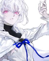 Rule 34 | 1girl, blue ribbon, fate/grand order, fate (series), highres, lady avalon (fate), long hair, long sleeves, looking at viewer, merlin (fate/prototype), pink eyes, ribbon, shirt, simple background, smile, solo, typtypss, upper body, white background, white hair, white shirt