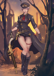 Rule 34 | 1girl, ammunition, ammunition belt, ascot, warrior of light (ff14), belt, blue eyes, boots, breast pocket, closed mouth, coat, collared coat, cross-laced footwear, crotch seam, earrings, embers, final fantasy, final fantasy xiv, full body, gloves, goggles, goggles on headwear, grey hair, gun, hat, heterochromia, highres, jewelry, lace-up boots, lips, looking at viewer, machinist (final fantasy), mole, mole under mouth, outdoors, pocket, rifle, roegadyn, scar, scar across eye, scar on face, short hair, short shorts, shorts, skindentation, solo, standing, taut clothes, thigh gap, thigh strap, udongo99, weapon