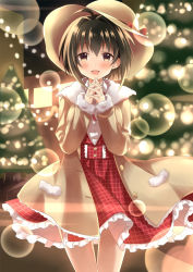 Rule 34 | 10s, 1girl, ahoge, black hair, blush, brown eyes, christmas tree, coat, hat, hibikitooru, idolmaster, idolmaster cinderella girls, kohinata miho, lens flare, looking at viewer, short hair, smile, solo