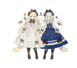 Rule 34 | 2girls, black bow, black footwear, black headwear, blonde hair, blue bow, blue dress, blue gemstone, blush, bottle, bow, bowtie, brown eyes, cat girl, cat tail, closed mouth, commentary, constellation, constellation print, crescent print, cross-laced footwear, cuffs, doll joints, dress, flower, frills, full body, gem, gemini (constellation), gemini (symbol), gemini (zodiac), green gemstone, hair bow, hat, holding hands, joints, key, light smile, lolita fashion, long hair, looking at another, medium hair, multiple girls, open mouth, original, perfume bottle, scissors, siblings, sisters, sleeveless, smile, star (symbol), star print, starshadowmagician, tail, thread, twins, very long hair, white background, white bow, white dress, white hair, white tail, wrist cuffs, yarn, yellow flower, yellow tail, zodiac