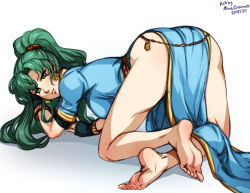Rule 34 | 1girl, 2020, artist name, ass, barefoot, black gloves, breasts, dated, earrings, feet, female focus, fingerless gloves, fire emblem, fire emblem: the blazing blade, gloves, green eyes, green hair, jewelry, large breasts, long hair, looking at viewer, lyn (fire emblem), matching hair/eyes, mina cream, nintendo, pelvic curtain, ponytail, presenting, solo, toes, top-down bottom-up