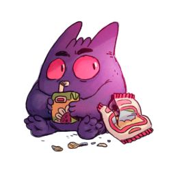 Rule 34 | chips (food), creature, creatures (company), drinking, drinking straw, food, full body, game freak, gen 1 pokemon, gengar, ghost, holding, juice box, nintendo, no humans, pokemon, pokemon (creature), potato chips, red eyes, simple background, sitting, solo, vaughn pinpin, white background