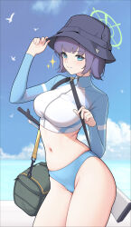 Rule 34 | 1girl, absurdres, bag, bikini, bikini bottom only, bird, black hair, blue archive, blue bikini, blush, breasts, bucket hat, cropped jacket, duffel bag, green halo, halo, hat, highres, houkago shounen, jacket, large breasts, long sleeves, looking at viewer, multicolored clothes, multicolored jacket, navel, official alternate costume, raglan sleeves, rash guard, saki (blue archive), saki (swimsuit) (blue archive), seagull, short hair, solo, sparkle, stomach, swimsuit, two-tone jacket, weapon, weapon on back