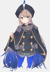 Rule 34 | 1boy, androgynous, aqua eyes, black cape, black headwear, blue hair, blue pantyhose, blush, brown hair, cape, captain nemo (fate), chain, commentary request, fate/grand order, fate (series), gradient hair, grey background, hat feather, highres, long hair, low twintails, mayu-mayu1026, multicolored hair, nemo (fate), pantyhose, shorts, simple background, smile, solo, turban, twintails, two-tone hair, very long hair