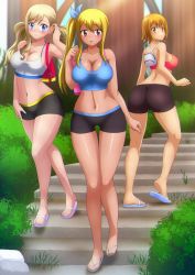 Rule 34 | 3girls, absurdres, ass, backpack, bag, black shorts, blonde hair, blue eyes, blue footwear, blue shirt, blush, breasts, brown eyes, brown hair, bush, cleavage, collarbone, creator connection, crossover, eden&#039;s zero, elie, fairy tail, flip-flops, from behind, grey footwear, grey shirt, hair ribbon, highres, large breasts, long hair, looking at viewer, looking back, lucy heartfilia, midriff, multiple girls, navel, open mouth, ponytail, purple footwear, rave, rebecca bluegarden, red shirt, ribbon, rock, sandals, shirt, short hair, shorts, side ponytail, smile, stairs, tan, tank top, tree, twintails, walking, zel-sama
