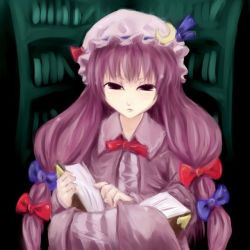 Rule 34 | 1girl, book, expressionless, holding, holding book, klugheit, long hair, looking at viewer, patchouli knowledge, purple eyes, purple hair, solo, touhou, very long hair