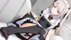 Rule 34 | 1girl, bad id, bad twitter id, blonde hair, blue eyes, blush, breasts, clothes lift, commentary request, couch, detached collar, dress, dress lift, feet, frilled dress, frills, hair ribbon, hair tie, looking at viewer, maid, maid headdress, no shoes, on couch, open mouth, original, panties, pantyshot, rasaras leonids, ribbon, short sleeves, sitting, small breasts, smile, thighhighs, thighs, twintails, underwear, wrist cuffs