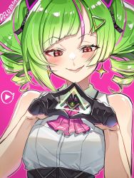 Rule 34 | 1girl, bare arms, bare shoulders, black gloves, blush, character name, delutaya, drill hair, earrings, fangs, gloves, green hair, highres, indie virtual youtuber, jewelry, medium hair, multicolored hair, open mouth, purple hair, red eyes, shirt, simple background, sleeveless, sleeveless shirt, smile, solo, streaked hair, sui hi sf, triangle, triangle hair ornament, twin drills, upper body, virtual youtuber, white shirt