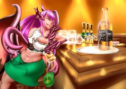 Rule 34 | 1girl, absurdres, alcohol, alternate costume, bar (place), barmaid, beer, beer mug, belly, breasts, claws, cleavage, cup, dark skin, dark-skinned female, dragon girl, dress, drunk, elakan, extra mouth, female focus, gold tooth, green dress, heart, highres, holding beer, horns, jabberwock (monster girl encyclopedia), large breasts, monster girl, monster girl encyclopedia, mug, navel, open mouth, plump, purple hair, solo, thighs, tongue, tongue out, torn wings, wings