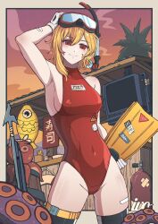 Rule 34 | 1girl, blonde hair, breasts, diving mask, diving mask on head, flippers, gloves, goggles, goggles on head, harpoon, highres, hololive, hololive indonesia, ivo k, kaela kovalskia, looking at viewer, medium breasts, one-piece swimsuit, oxygen tank, red eyes, scuba tank, skin tight, snorkel, snorkel mask, solo, swimsuit, thighhighs, virtual youtuber, white gloves