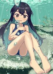 Rule 34 | 1girl, :d, aqua hair, arm under breasts, barefoot, black eyes, black hair, blue one-piece swimsuit, blurry, blurry foreground, blush, bouhuman, breasts, bubble, collarbone, colored inner hair, commentary, commission, coral, curled fingers, depth of field, floating, full body, hair between eyes, hand on own chest, highres, knees up, light blush, long hair, looking at viewer, multicolored hair, nose blush, ocean, one-piece swimsuit, open mouth, original, raised eyebrows, shadow, skeb commission, small breasts, smile, solo, submerged, swimsuit, teeth, two-tone hair, underwater, upper teeth only, very long hair, wide-eyed