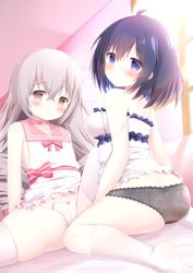 Rule 34 | 2girls, ahoge, ass, bare shoulders, bed sheet, black hair, black panties, blue eyes, blue hair, blush, bow, bow panties, breasts, bronya zaychik, brown eyes, camisole, closed mouth, commentary, english commentary, engrish commentary, flat chest, frilled camisole, frilled shirt, frills, grey hair, hair between eyes, honkai (series), honkai impact 3rd, indoors, long hair, looking at viewer, looking back, medium breasts, multicolored hair, multiple girls, no shoes, panties, red bow, renew vivi, ringlets, seele vollerei, shirt, sitting, sleeveless, sleeveless shirt, smile, socks, soles, striped, striped bow, thighhighs, two-tone hair, underwear, very long hair, wariza, white camisole, white legwear, white panties, white shirt, window