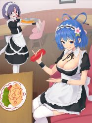 Rule 34 | 2girls, alternate costume, apron, bench, black dress, black eyes, black neckwear, black ribbon, blue eyes, blue hair, bow, breasts, chair, cleavage, collar, commentary request, dress, drill hair, drill sidelocks, empty eyes, enmaided, flower, food, frilled apron, frilled dress, frills, hair flower, hair ornament, hair rings, hair stick, heart, highres, jiangshi, kaku seiga, kanpa (campagne 9), ketchup, large breasts, maid, maid apron, maid cafe, maid headdress, medium hair, miyako yoshika, multiple girls, new mask of hope, ofuda, omelet, omurice, outstretched arms, puffy sleeves, purple hair, ribbon, sharp teeth, short hair, sidelocks, sitting, spill, standing, table, teeth, thighhighs, touhou, tray, waist apron, white bow, white collar, white legwear, wrist cuffs, zombie pose