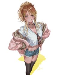 Rule 34 | 1girl, animal print, black choker, black footwear, blonde hair, blush, boots, breasts, brown eyes, choker, cleavage, crop top, earrings, from above, hands on own hips, highres, idolmaster, idolmaster shiny colors, infukun, izumi mei, jacket, jewelry, leopard print, long hair, looking at viewer, medium breasts, midriff, nail polish, navel, necklace, pink jacket, ponytail, shirt, signature, simple background, smile, solo, standing, sunglasses, thigh boots, thighs, white background, white shirt, yellow nails