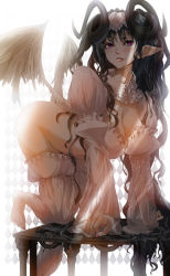 Rule 34 | 1girl, all fours, angel wings, ass, barefoot, black hair, breasts, cleavage, demon girl, fang, hair flowing over, horns, large breasts, lips, long hair, looking at viewer, nail polish, no panties, on table, original, pointy ears, red eyes, red nails, revision, solo, sunlight, table, tanupo, toenail polish, toenails, very long hair, wavy hair, wings