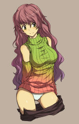 Rule 34 | 1girl, arms behind back, breasts, brown hair, character request, clothes pull, detached sleeves, gradient hair, green eyes, green shirt, kara (color), large breasts, long hair, multicolored clothes, multicolored hair, panties, pink hair, purple hair, ribbed sweater, shirt, simple background, skirt, skirt pull, sleeveless, sleeveless turtleneck, smile, solo, sweater, taut clothes, taut shirt, turtleneck, underwear, very long hair, yellow eyes