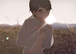 Rule 34 | 1girl, :p, blush, breasts, brown eyes, brown hair, closed mouth, clothes lift, exhibitionism, flashing, grass, highres, hood, hood down, hoodie, hoodie lift, kantai collection, lifting own clothes, long sleeves, looking at viewer, mogami (kancolle), naughty face, navel, nipples, no bra, one-piece tan, open clothes, outdoors, public indecency, sakieko, see-through, short hair, smile, solo, sunset, tan, tanline, tomboy, tongue, tongue out, upper body