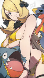Rule 34 | 1girl, animal, artist name, asymmetrical hair, bikini, blonde hair, blue eyes, bracelet, breasts, closed mouth, commentary request, creatures (company), cropped arms, cropped legs, cynthia (pokemon), fur choker, game freak, garchomp, gen 4 pokemon, gible, grey background, hair ornament, hair over one eye, hata4564, highres, jewelry, large breasts, long hair, looking at viewer, nintendo, pokemon, pokemon (creature), pokemon dppt, sharp teeth, side-tie bikini bottom, sidelocks, signature, simple background, smile, swimsuit, teeth, thigh strap, white background, yellow bikini