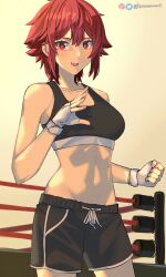 Rule 34 | 1girl, absurdres, aizawa tomo, artist name, black shorts, black sports bra, boxing ring, breasts, female focus, fingerless gloves, gloves, hair between eyes, highres, knownameart, looking at viewer, midriff, navel, open mouth, red eyes, red hair, short hair, shorts, solo, sports bra, stomach, tomo-chan wa onna no ko