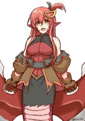 Rule 34 | 1girl, :d, alternate hairstyle, bare shoulders, blush, breasts, coat, cosplay, fang, finalcake, gloves, hair between eyes, hair ornament, hairclip, holding, holding weapon, lamia, large breasts, long hair, looking at viewer, miia (monster musume), monster girl, monster musume no iru nichijou, nan (tales), nan (tales) (cosplay), open mouth, pointy ears, red hair, scales, side ponytail, sidelocks, simple background, sketch, skirt, smile, solo, spandex, tail, tales of (series), tales of vesperia, weapon, white background, yellow eyes