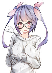 Rule 34 | 10s, 1girl, bad id, bad pixiv id, glasses, i-19 (kancolle), kantai collection, long hair, nekobaka, purple hair, red eyes, ribbed sweater, solo, sweater, twintails