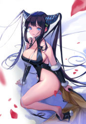 Rule 34 | 1girl, absurdres, arm support, bad id, bad pixiv id, bare shoulders, black hair, blue eyes, breasts, china dress, chinese clothes, cleavage, commentary request, dress, fate/grand order, fate (series), fingernails, full body, fur trim, hair ornament, high heels, highres, large breasts, long hair, looking at viewer, milin (orange maru), parted lips, petals, shiny skin, sidelocks, simple background, sleeveless, sleeveless dress, solo, tears, thighs, twintails, yang guifei (fate), yang guifei (second ascension) (fate)