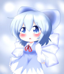 Rule 34 | 1girl, arms at sides, blue background, blue bow, blue dress, blue hair, blush, bow, chibi, circled 9, cirno, cowboy shot, dress, gradient background, hair between eyes, hair bow, highres, looking at viewer, open mouth, pinafore dress, red ribbon, ribbon, shirt, short hair, sleeveless dress, sleeves past wrists, solo, standing, symbol-shaped pupils, touhou, white shirt, wings, yairenko